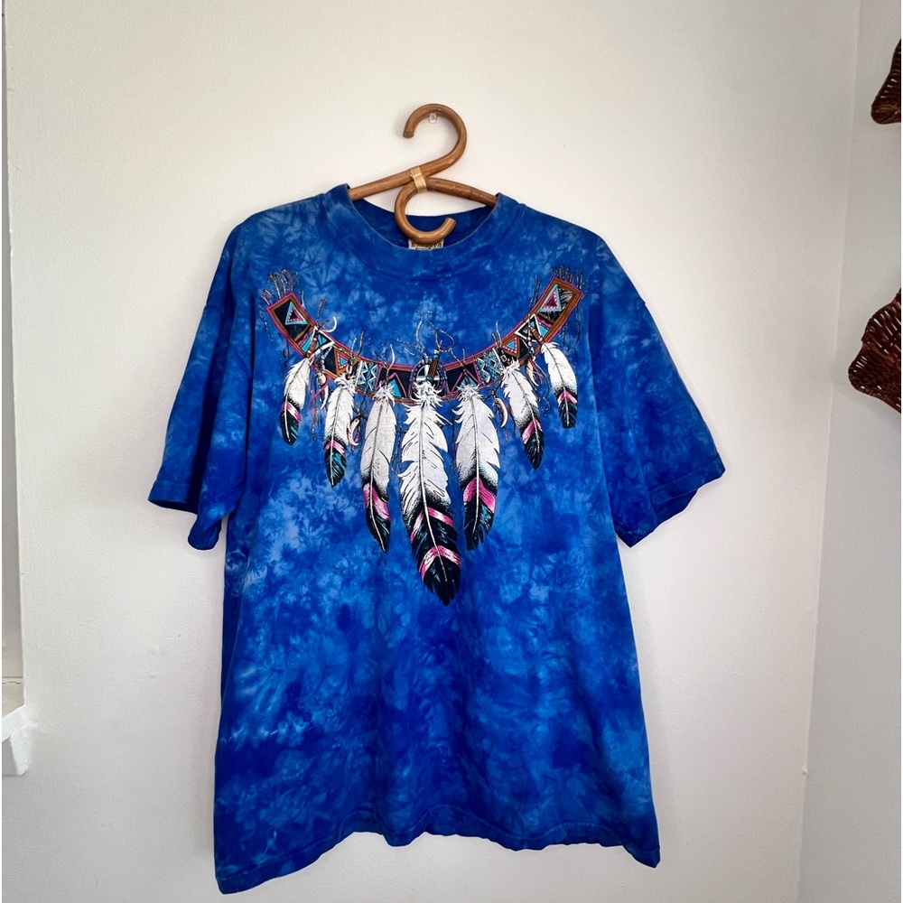 Vintage blue Rag Tops tie dye t shirt with feathers